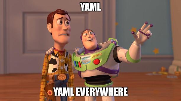 Buzz Lightyear gesturing at the words “YAML, YAML everywhere”